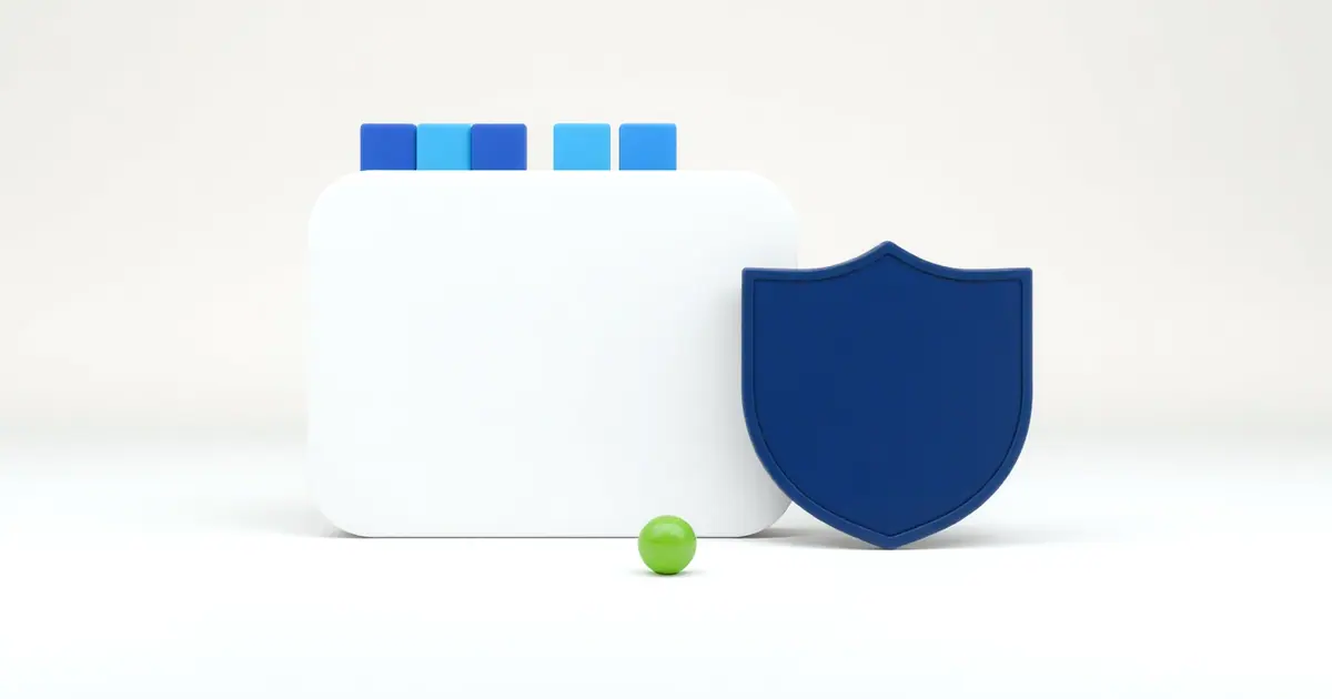 A white rounded card with small blue tabs along its top edge and a navy shield standing in front of it, next to a lime green bead