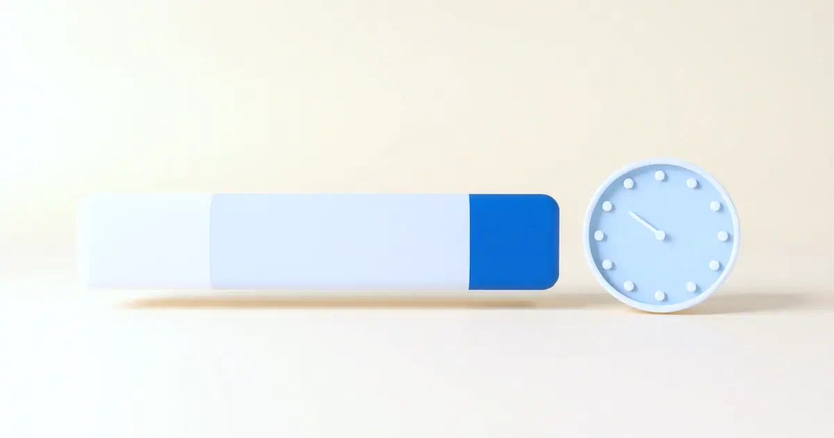 A long rounded bar in white and pale blue ending in a cobalt segment, next to a round clock face ringed with small dots
